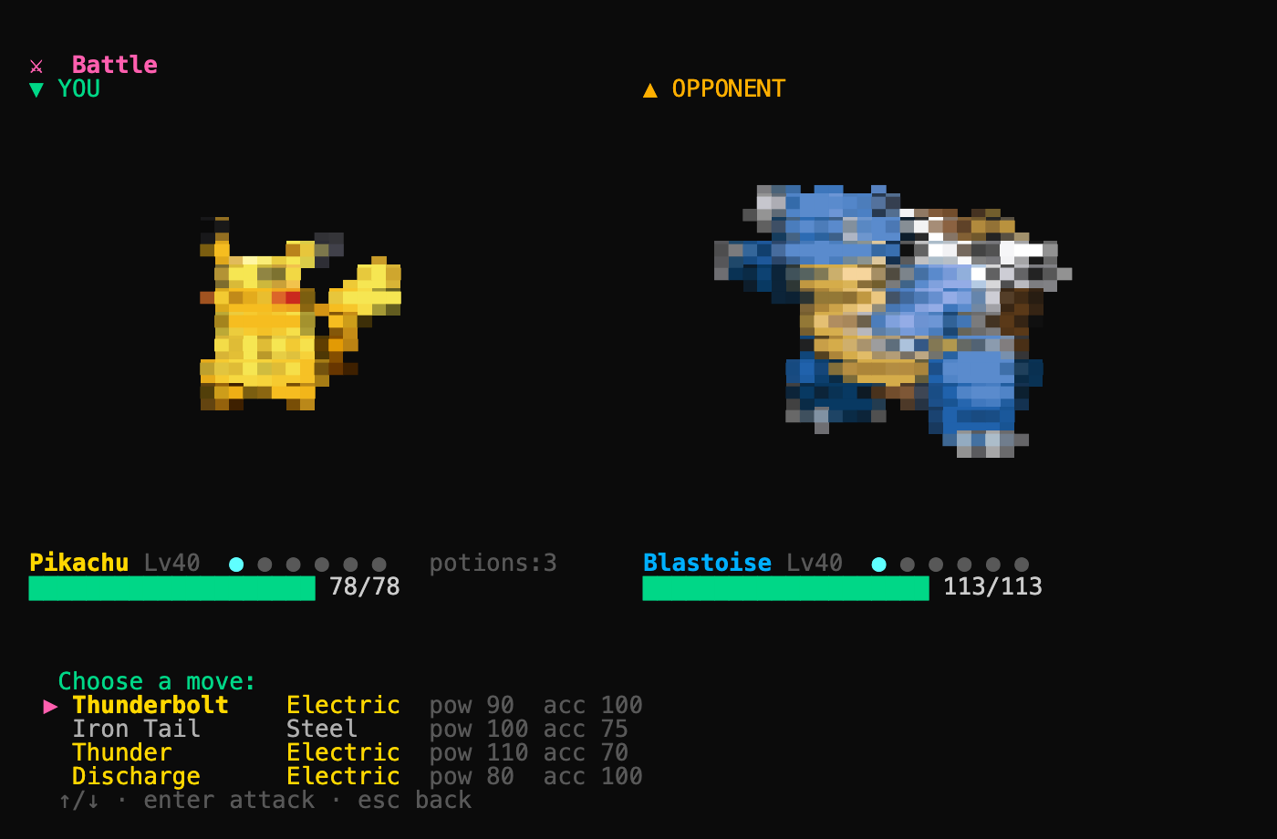 A battle: Pikachu vs Blastoise with type-colored moves, HP bars and sprites