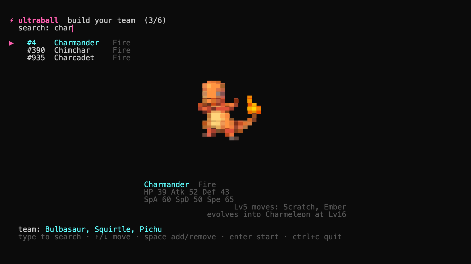 Team builder searching the national dex with a sprite and stats preview